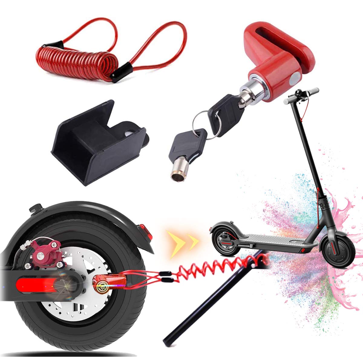 Disc Brake Lock for Electric Scooter-Theft Steel Wire Lock Disc Brake Wheel Lock Set for Xiaomi M365/PRO Electric Scooter Accessory Wheels Locker with Reminder Rope (Red)