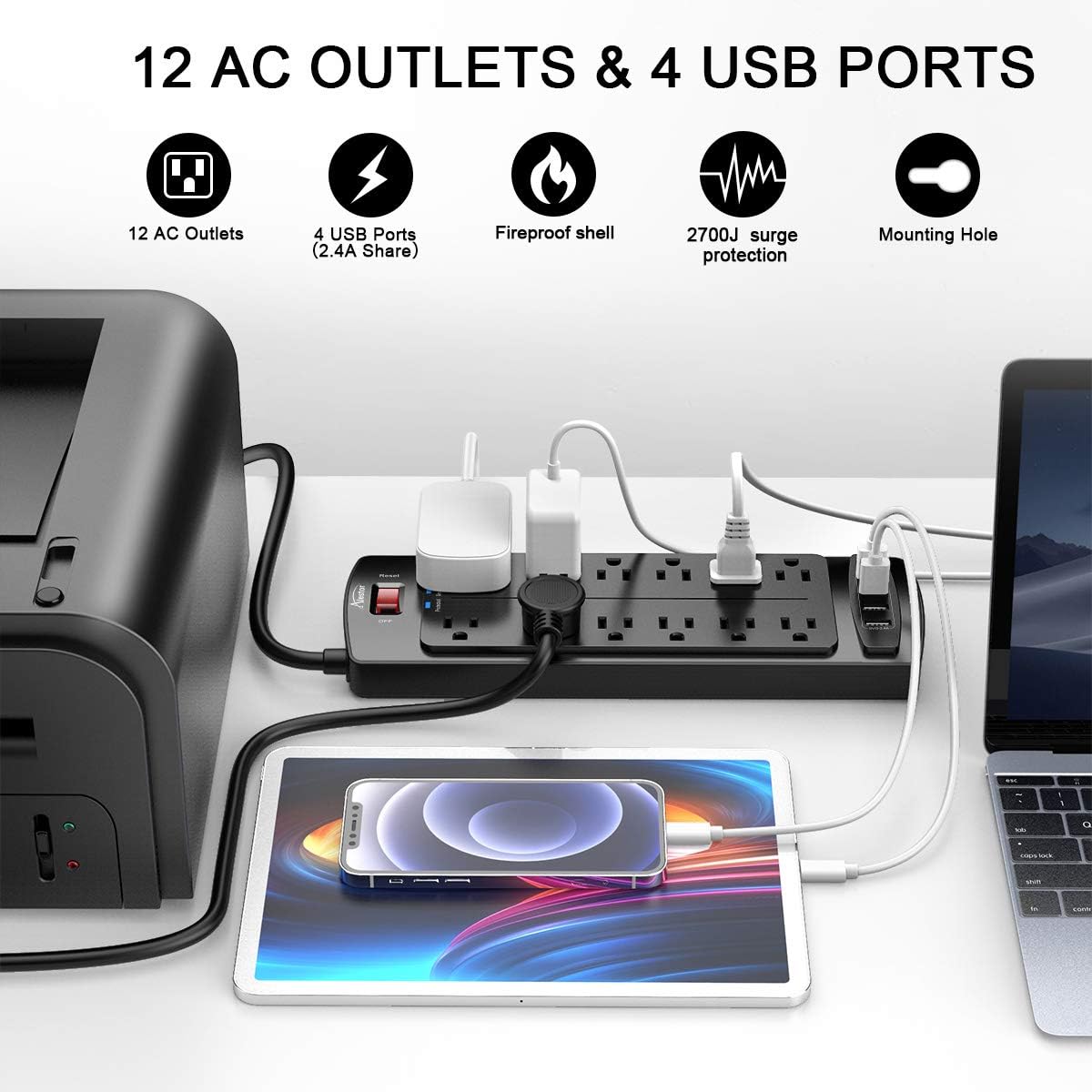 Power Strip , Alestor Surge Protector with 12 Outlets and 4 USB Ports, 6 Feet Extension Cord (1875W/15A) for for Home, Office, Dorm Essentials, 2700 Joules, ETL Listed, - Black: Electronics