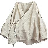 NFYM Women's Hanten Kimono Cardigan Long Sleeve Wrap Front Cotton Linen Retro Hanfu Costume Irregular Shirt Tops