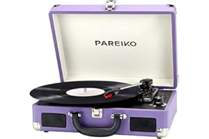 PAREIKO Vintage Turntable 3-Speed Bluetooth Record Player with Built-in Stereo Speakers Portable Suitcase Supports 3.5mm Headphone, AUX Input, and RCA Line-Out