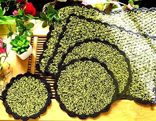 Lace Placemats Handmade Crochet Cotton Lace Table Placemat Set, Pack of 5 Size Tableware Accessories-3 Round & 2 Rectangle (Green)