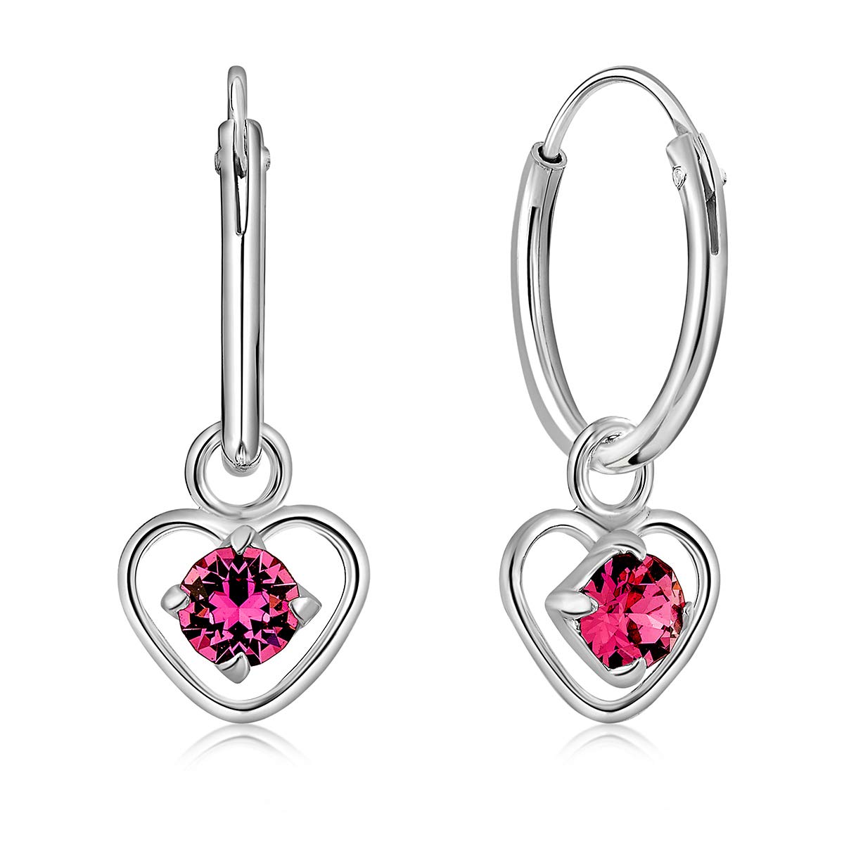 925 Sterling Silver Small Hoops Earrings with Dangling Round Crystals 3 mm - Pink Earrings - Thickness 1.5 mm - Diameter: 12 mm โ image 1
