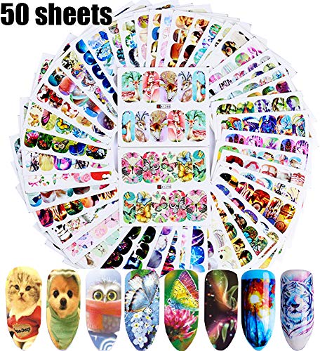 Nail Decals for Women Nail Art Stickers Water Transfer Nail Tattoo Paper 50 Sheets Nail Art Supplies Cute Animals Flowers Butterflies Nail Art Accessory for Fingernails Decorations Manicure Tips (Art Of Zoo Best)