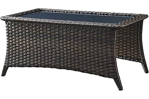 Pugire Patio Table Outdoor Coffee Tables - Rattan Wicker Coffee Table with Glass Top and 2-Tier Storage Shelf Rectangle for Outdoor Patio Porch Deck Balcony Garden(Brown/Glass Top)