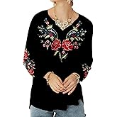 Higustar Women's Mexican Embroidered Tops Traditional Boho Hippie Clothes Peasant Blouse Bohemian Long Sleeve Shirt Tunic