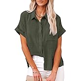 IPMQ Womens Cotton Linen Button Down Shirts Short Sleeve Dress Shirts Casual Summer Tops Blouses with Pockets