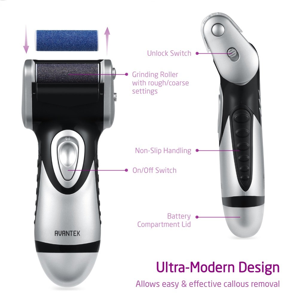 AVANTEK Elektrische Hornhautentferner zur Fußpflege, 100% Wasserfest, Pediküre Werkzeug inkl. 2 Schleifrollen