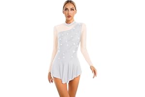 Freebily Women's Figure Ice Skating Dress Long Sleeve Shiny Rhinestones Roller Skating Lyrical Dance Costume