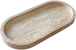 SAIDKOCC Natural Marble Oval Tray Ornaments Vintage Small Tray Storage Dish for Counter, Vanity, Dresser, Nightstand and Desk (Beige Travertine)
