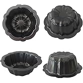 Heluok Mini Buntz Cake Pan 4Inch, Carbon Steel Nonstick Cake Molds, Small Metal Baking Tins Pumpkin Shape for Cakes, Brownies, Cornbread - Set of 4, Black