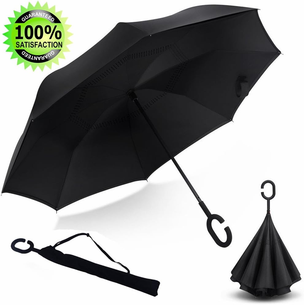 Skywon Inverted Umbrella with Carry Bag Windproof Reverse Folding Umbrella C-Handle Large Reversible Umbrella