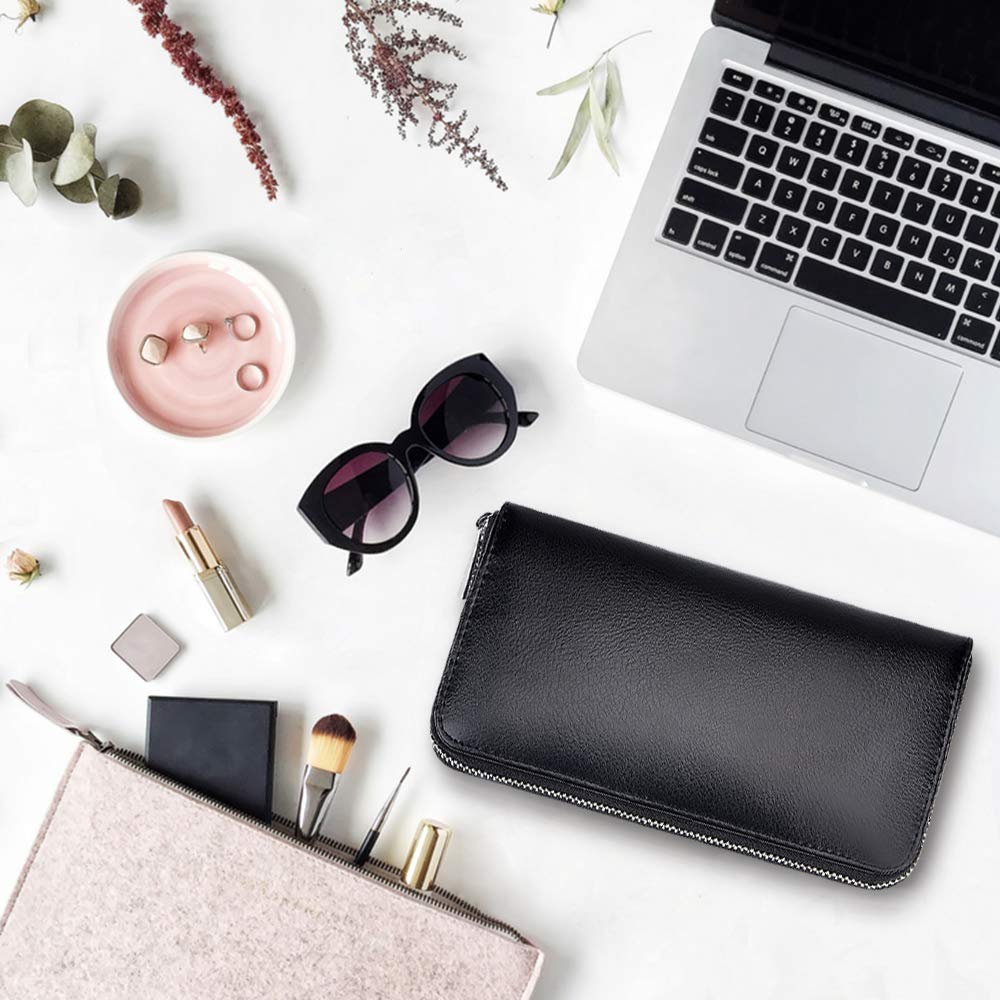 Credit Card Wallet Leather RFID Card Case Wallet for Women Huge Storage Capacity (Black)