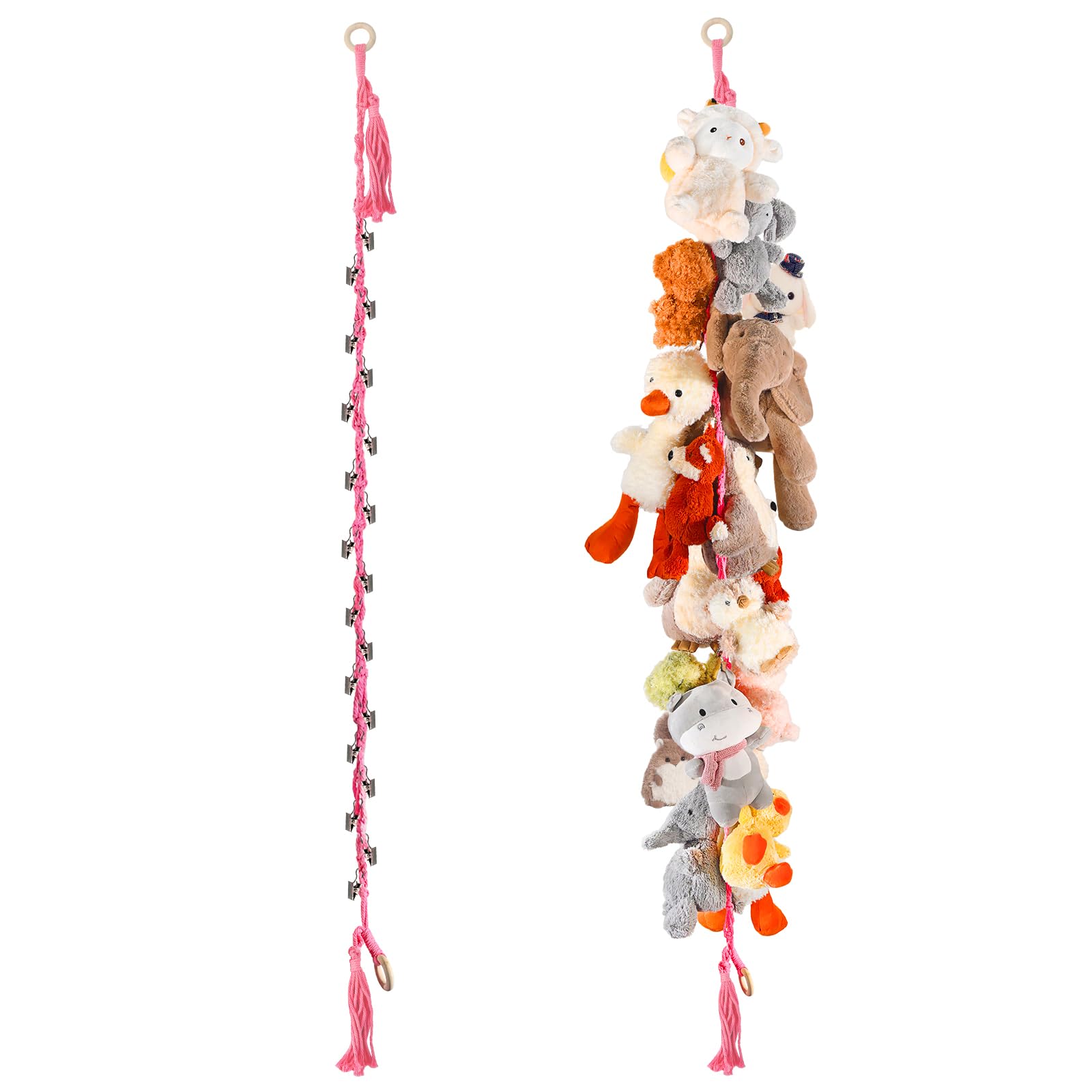 Photo 1 of CERETIA 80" 2-Pack Cotton Hanging Storage Chain For Stuffed Animals Storage with 20 Metal Clips, Stuffed Animal Organizer Chain for Wall Corner Nursery Play Room, Pink