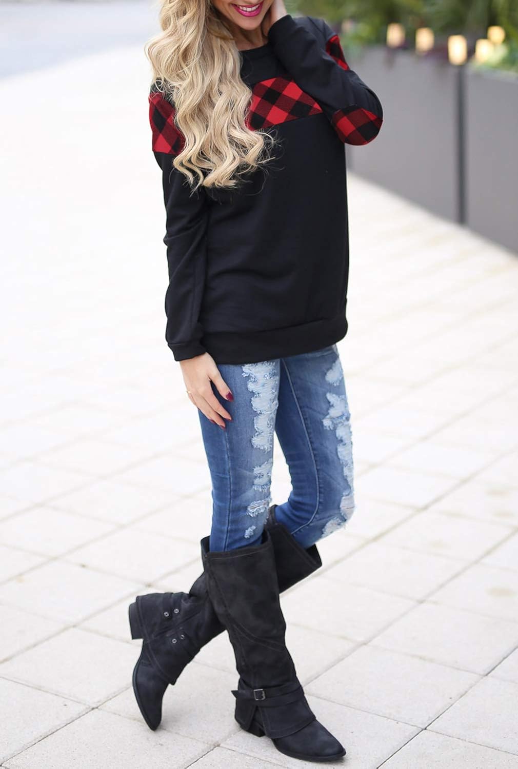 Blooming Jelly Women's Color Block Plaid Shirt Crewneck Sweatshirt Elbow Patches Pullover Sweatshirt Top at  Women’s Clothing store