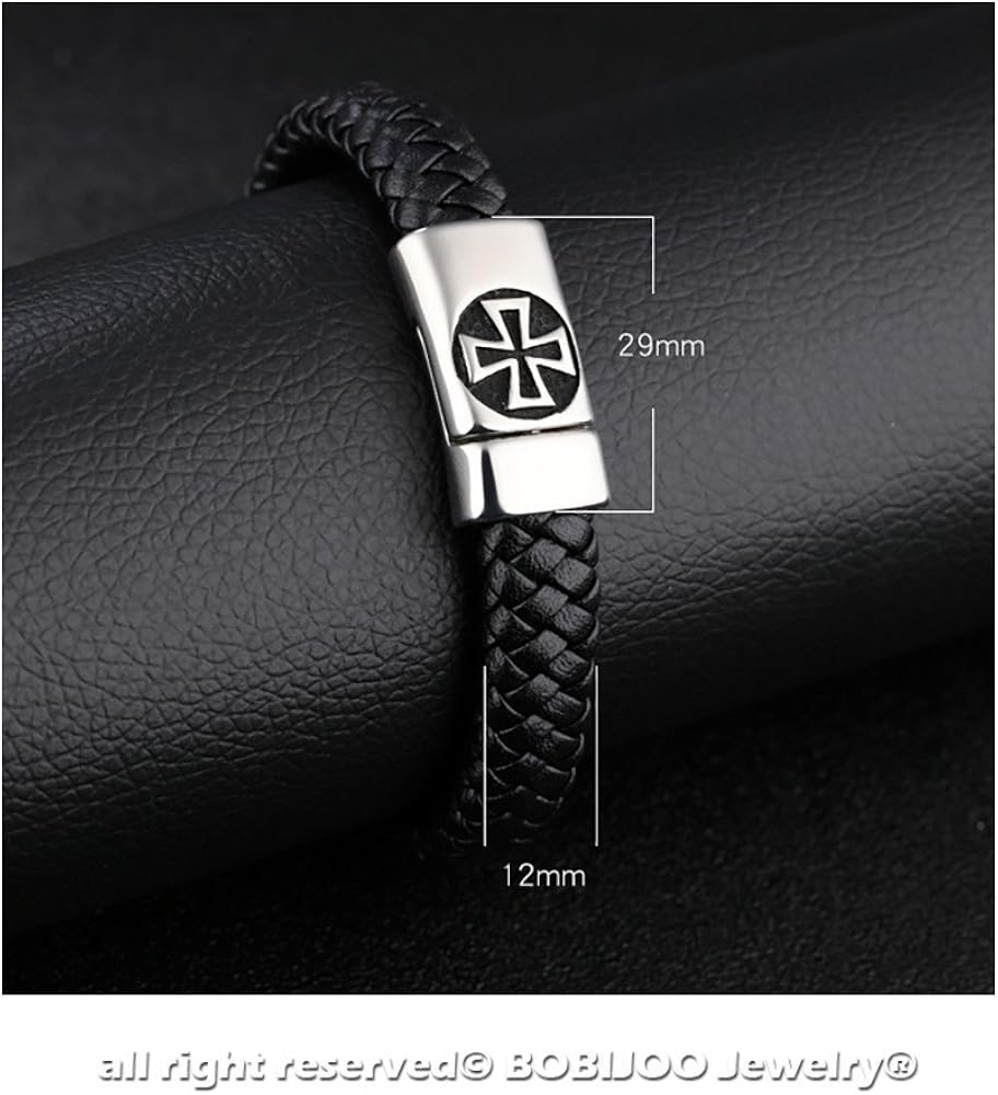 BOBIJOO JEWELRY - Leather Strap Steel Templar Cross Pattée 12mm - Black 22cm - Image 5