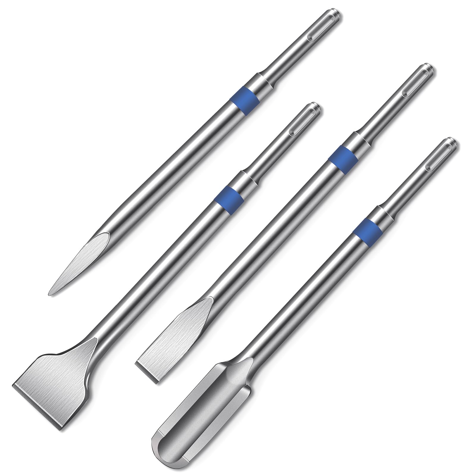 HYCHIKA SDS Plus Chisel Set - 4 Piece Comprising 40mm Tile Chisel, 20mm Flat Chisel, 25mm Channel Chisel and Tip Chisel, Extremely Sturdy SDS Plus Chisel for Tile, Concrete, Stone, Masonry