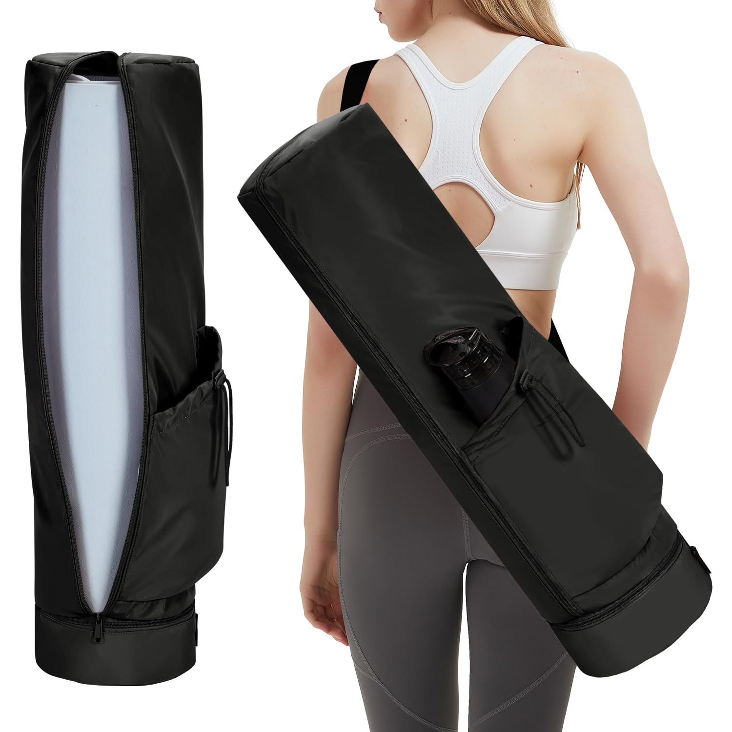 sportsnew Yoga Mat Bag Large with Carrying Strap, Bottle Pocket and Wet Compartment, Long Pilates Bag with Full Zipper for Thick Mat, Black, Patent Pending