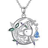 SHINYKEND Moissanite Moon Elephant Necklace for Women, 925 Sterling Silver Colorful CZ Flower Elephant Pendant Necklace, Jewelry Gift for Wife Girlfriend Anniversary Birthday, 18+2 Inch