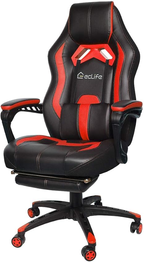 Amazon Com Gaming Chair Racing Style Office Chair Massage Game Chair High Back Pu Leather Pc Racing Computer Desk Office Swivel Recliner With Retractable Footrest And Adjustable Lumbar Cushion Support Red Kitchen Dining