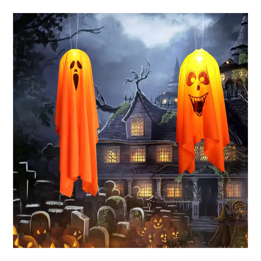 Otcmuky Halloween Ghost LED Light Outdoor Hanging Decoration 2 Pack Smiley Scream Face Flying Ghosts Windsocks for Yard Tree Garden (Orange)
