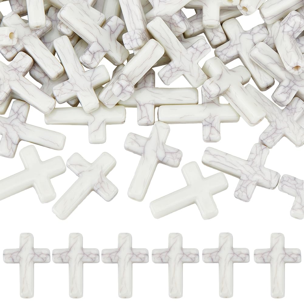 SUNNYCLUE 1 Box 100Pcs White Cross Beads Large Cross Bead Small Crucifix Plastic Imitation Turquoise Holiday Beads for jewellery Making Beading Kit Supplies DIY Crafts Necklaces Earring Accessories