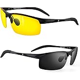 BLUPOND Set of 2 HD Day and Night Driving Glasses - Polarized Sunglasses and Yellow Night Vision Glasses With Car Clip Holder