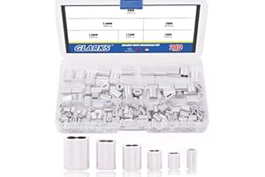 Glarks 210Pcs 6 Size Aluminum Double Barrel Ferrule Crimping Loop Sleeve for Wire Rope and Cable Line End Assortment Kit