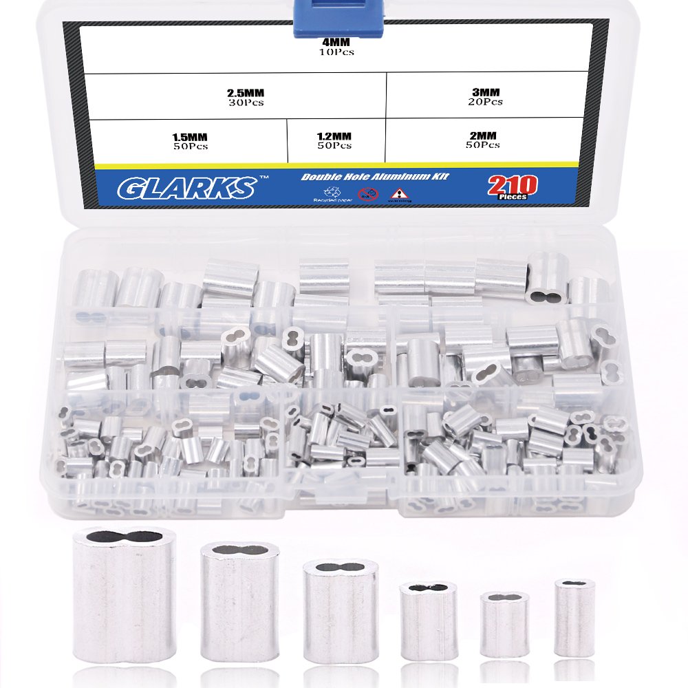 Glarks 210Pcs 6 Size Aluminum Double Barrel Ferrule Crimping Loop Sleeve for Wire Rope and Cable Line End Assortment Kit