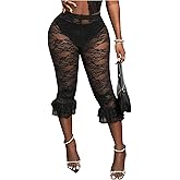 Milumia Women's Floral Lace Capri Leggings High Waisted Ruffled See Through Cropped Pants