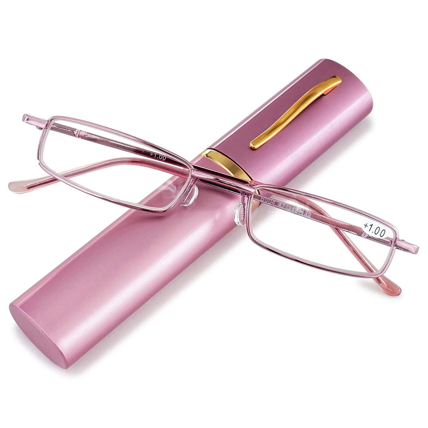 ABETOS Slim Pen Reading Glasses Blue Light Blocking Metal Readers In Tube Case Superlight Spring Hinge Pocket Portable Eyewear Thin Travel Eyeglasses 1.0+ 1.5+ 2.0+ 2.5+ 3.0+, Pink+1.0