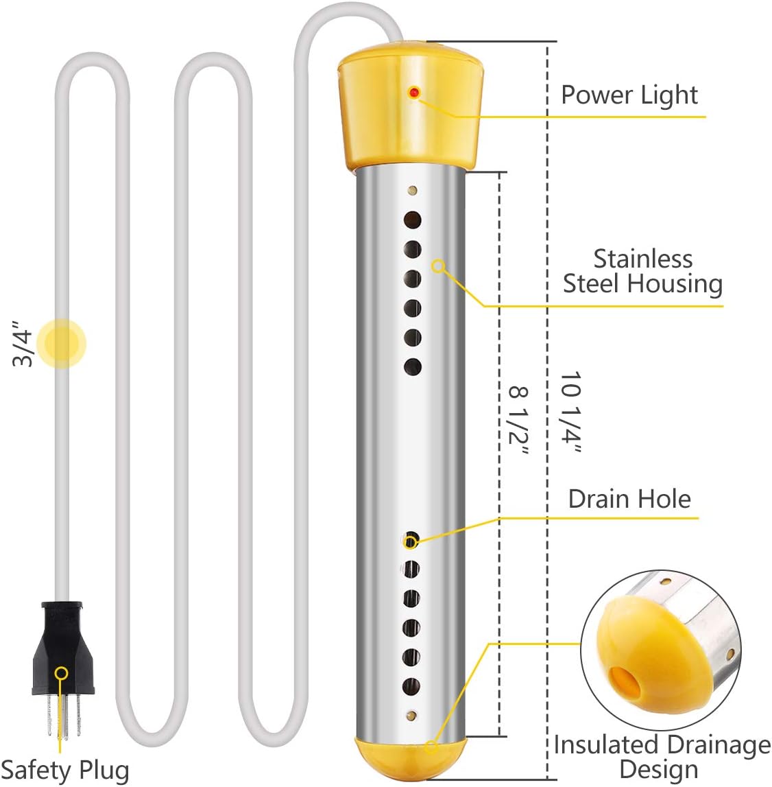 CAMTOA Immersion Heater, Electric Submersible Instant Water Heater with Metal Guard Cover Portable Bucket Heater to Heat 5 Gallons of Water in Minutes for Bathtub, Inflatable Pool - - 