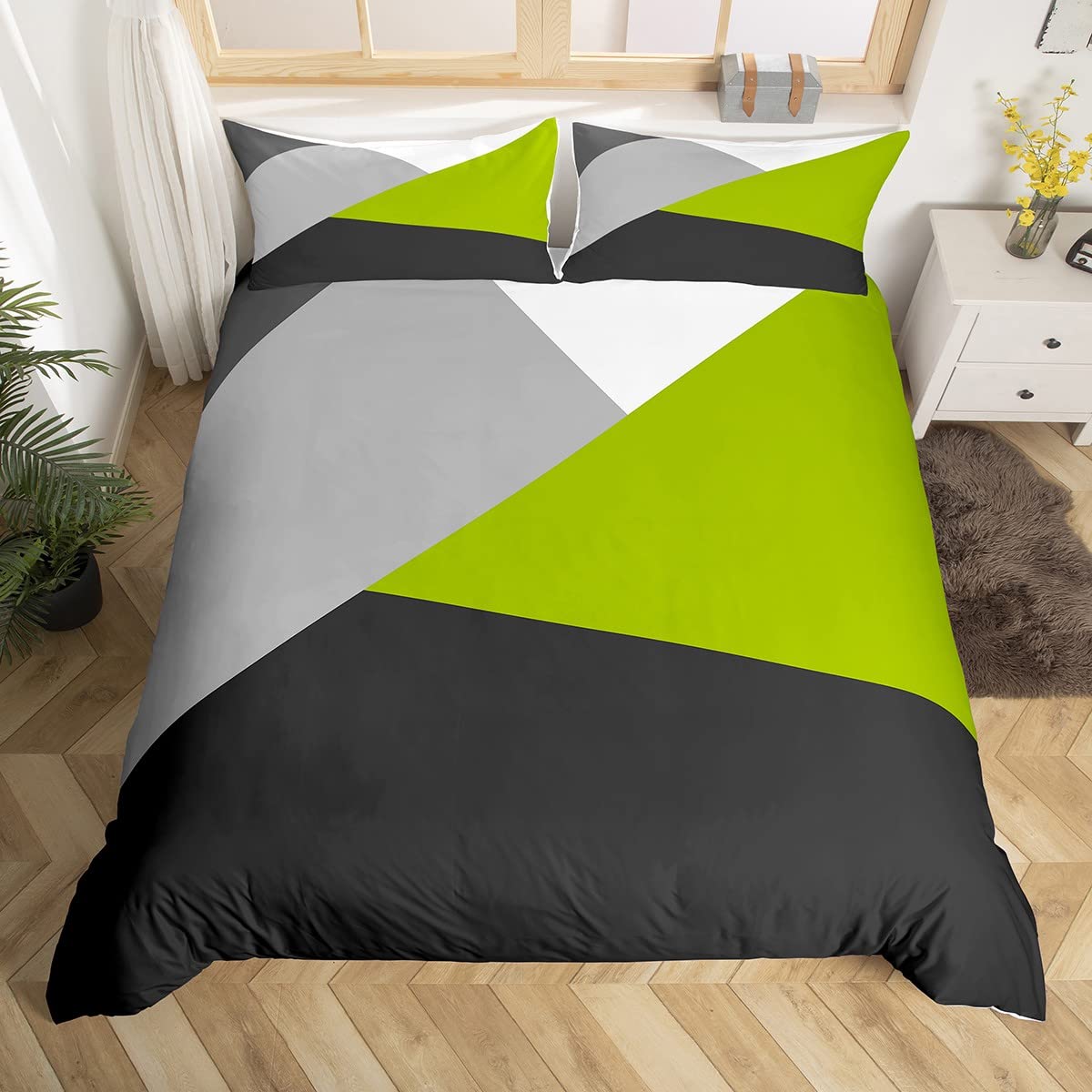 Loussiesd Kids Geometric Abstract Bedding Set Modern Stripe Duvet Cover for Kids Women Men Bedroom Grey Green Triangle Decor Comforter Cover Set Decor Bedspread Cover Single Size With 1 Pillow Case