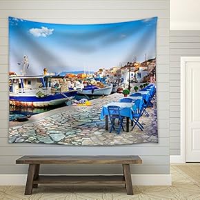 Traditional Greece - Old Fishing Boats and Tavernas, Chalki Island - Fabric Wall Tapestry Home Decor - 51x60 inches