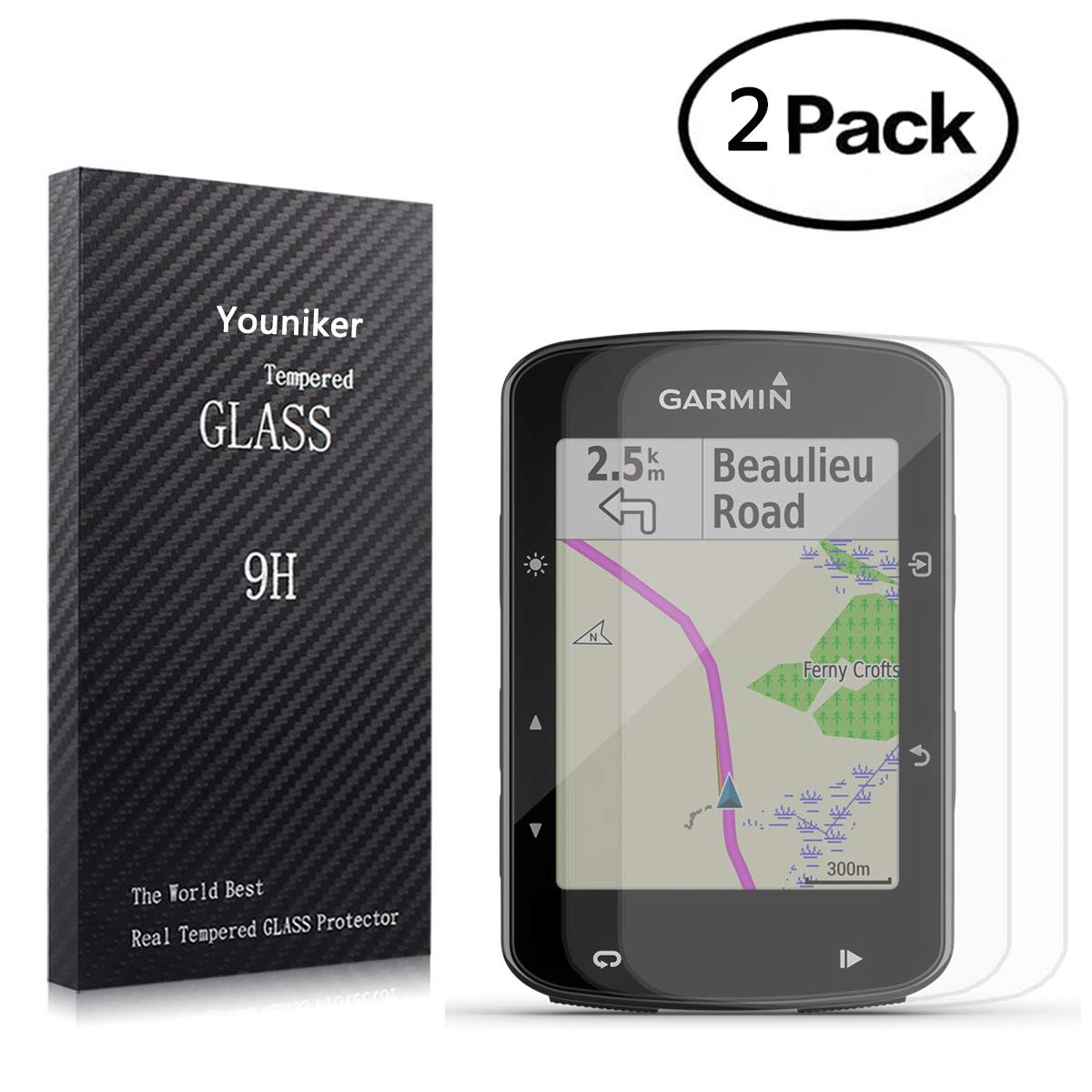 Youniker 2 Pack for Garmin Edge 520 Plus Screen Protector Tempered Glass For Garmin Edge 520 Plus GPS Bike Computer Screen Protectors Foils 9H Anti-Scratch Anti-Fingerprint Bubble Free