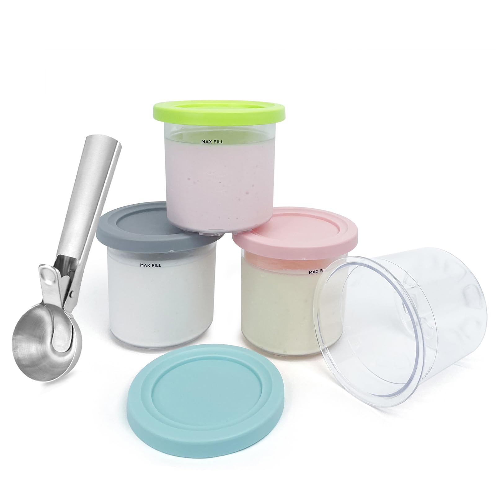 CUTIECLUB Dessert Tubs 4PCS Pints Containers with Lids and Stainless Steel Ice Cream Scoop Set for Ninja Creami, Compatible with NC299AMZ & NC300s Series Creami Ice Cream Makers