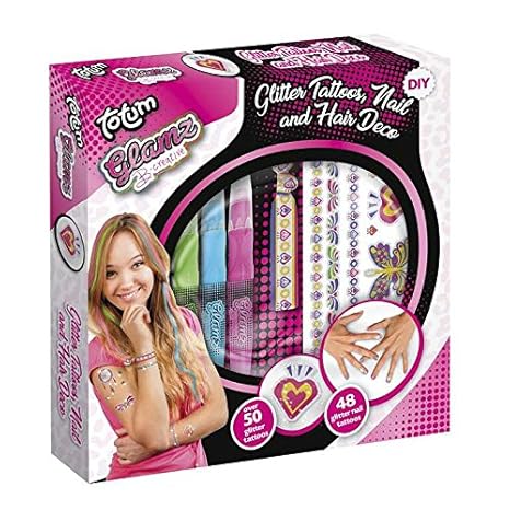 Totum Glamz Kreativset: Glitzertattoo-, Haar- und Nagelset, 3 verschiedene Haarkreidefarben, Ibiza-Elastikband, 50 Glitzertat
