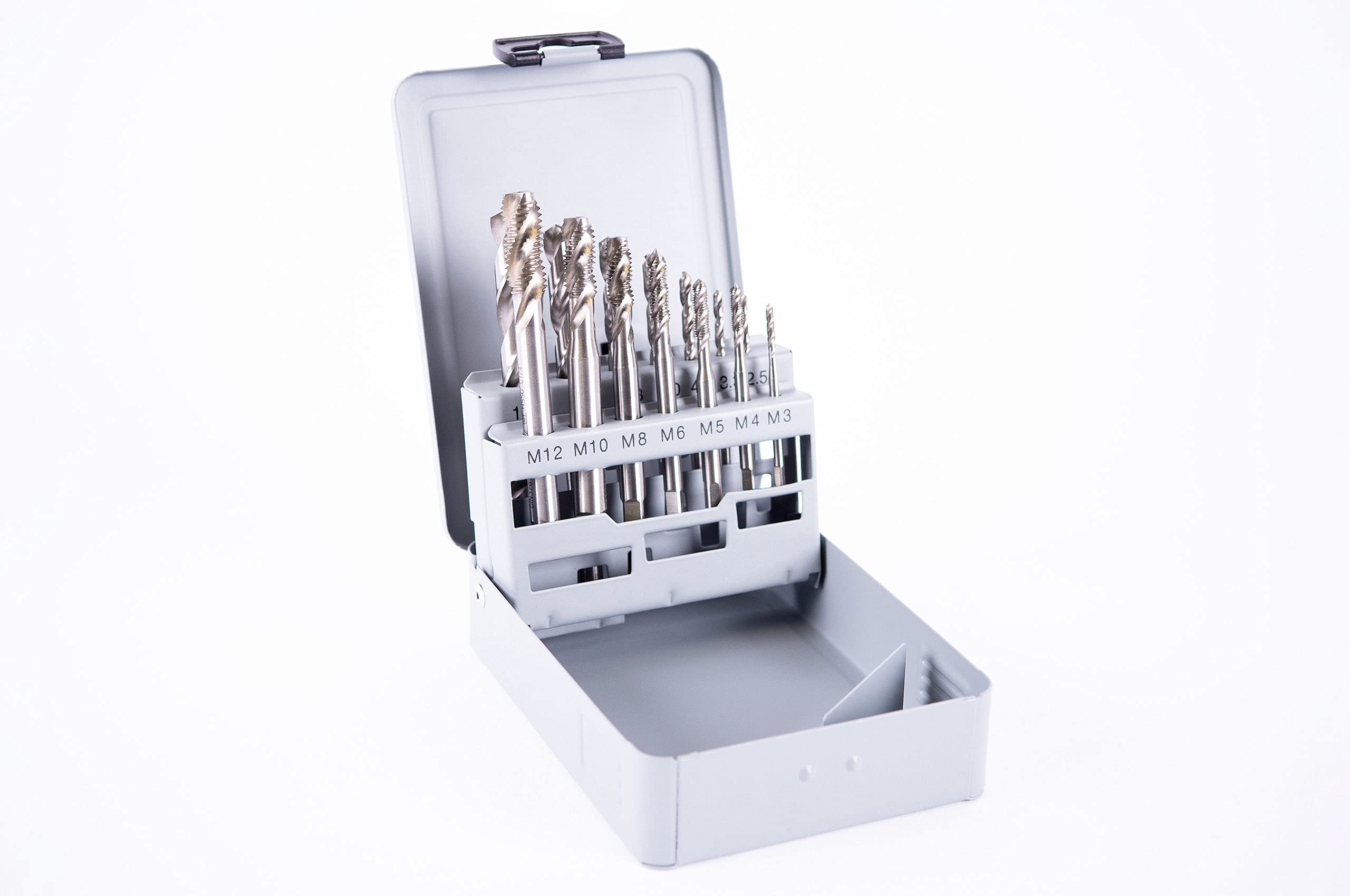 Tap Drill Bit Set M3-M12, 14 Pieces, HSS-G Blind Hole Machine Tap Set, Polished Design, Shape C 35° Right-Hand Spiral Metric Thread, Spiral Drill, with Steel Case