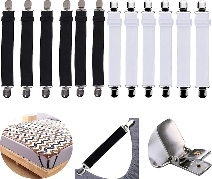 Liuer 12PCS Betttuchspanner Verstellbare Elastische Bettlakenspanner Spannbettlakenhalter mit Metallclips Klammer Zubehör für