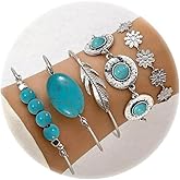Zhang shine Vintage Turquoise Bangle Bracelet Western Bracelet Bohemian Silver Plated Simple Oval Geometric Beaded Stackable Bracelets for Women Trendy Jewelry Gifts