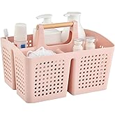 PAKCHOICE Portable Shower Caddy Basket with Compartments, Plastic Divided Cleaning Caddy Organizer Storage Tote with Handle for Bathroom, College, Dorm Room Essentials, Pink