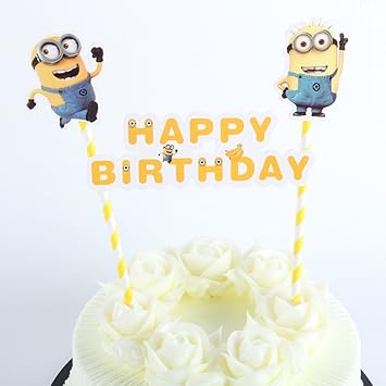 Amazon 新しいミニオンズテーマケーキトッパーbanner Happy Birthday誕生日パーティーfavors For Kidsケーキアクセサリーdecoration Supplies 1set Topstuffsz ホーム キッチン