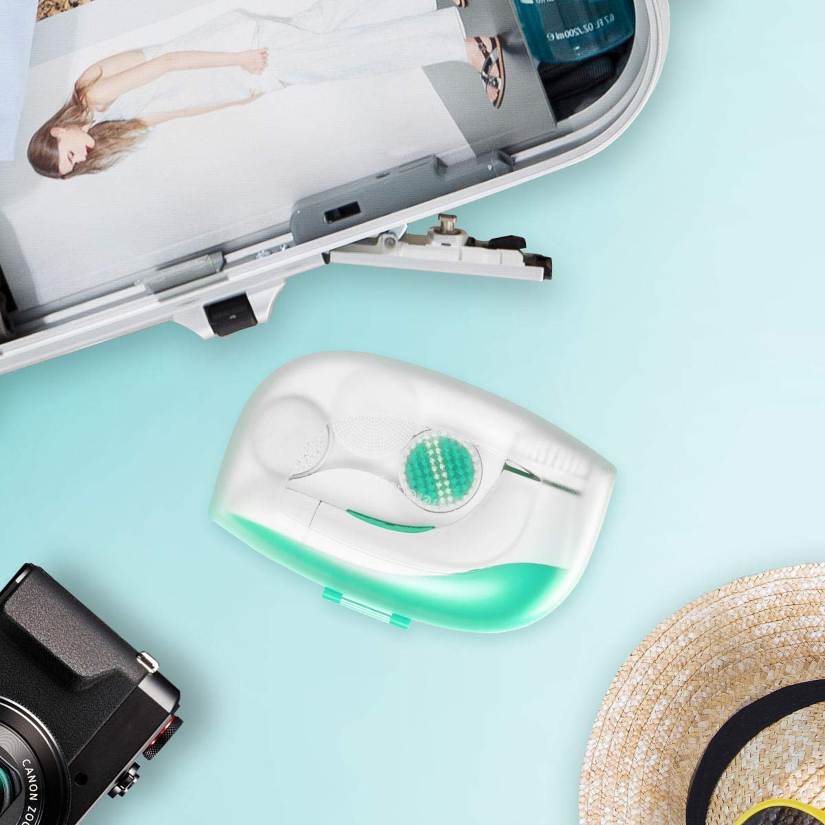 Facial Cleansing Brush,【2021 Upgraded】ETEREAUTY Waterproof Travel Face Brush with 4 Heads & Protective Case, Easy to Carry, Deep Cleansing Gentle Exfoliating for Face and Body, Cyan: Beauty