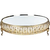 13 Inches 33cm Gold Round Mirror Cake Stand Cupcake Stands Metal Pedestal Holder with Crystals, Party Dessert Cheese Display Plate for Wedding Party Birthday Baby Shower Celebration Home Decoration