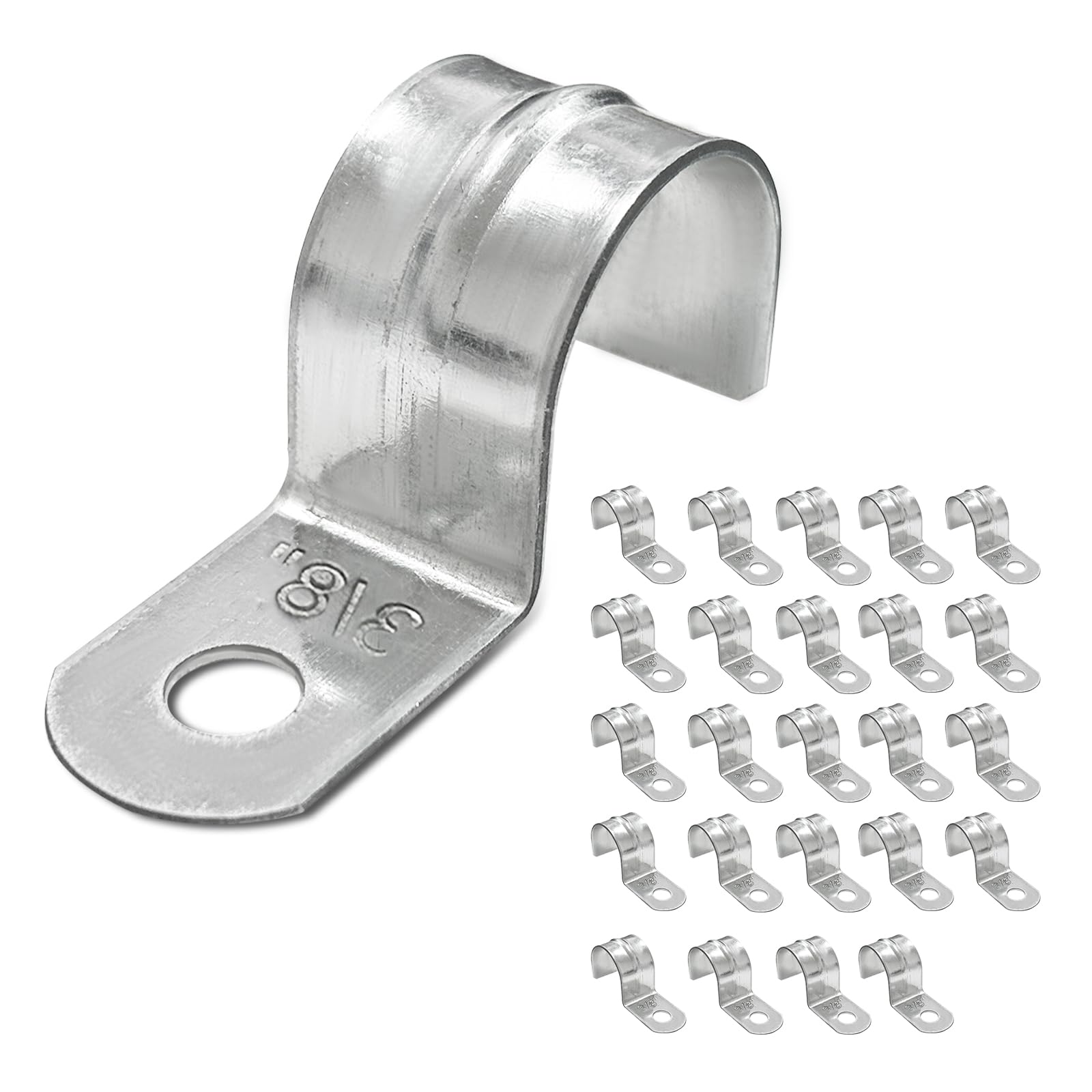Photo 1 of 1 Hole 3/8 Inch Pipe Strap - Reinforced Rib For Extra Strength Pipe Fixing- Zinc-Plated Steel Pipe Strap Clamp For EMT Conduit - Snap-On Installation - Pack Of 25