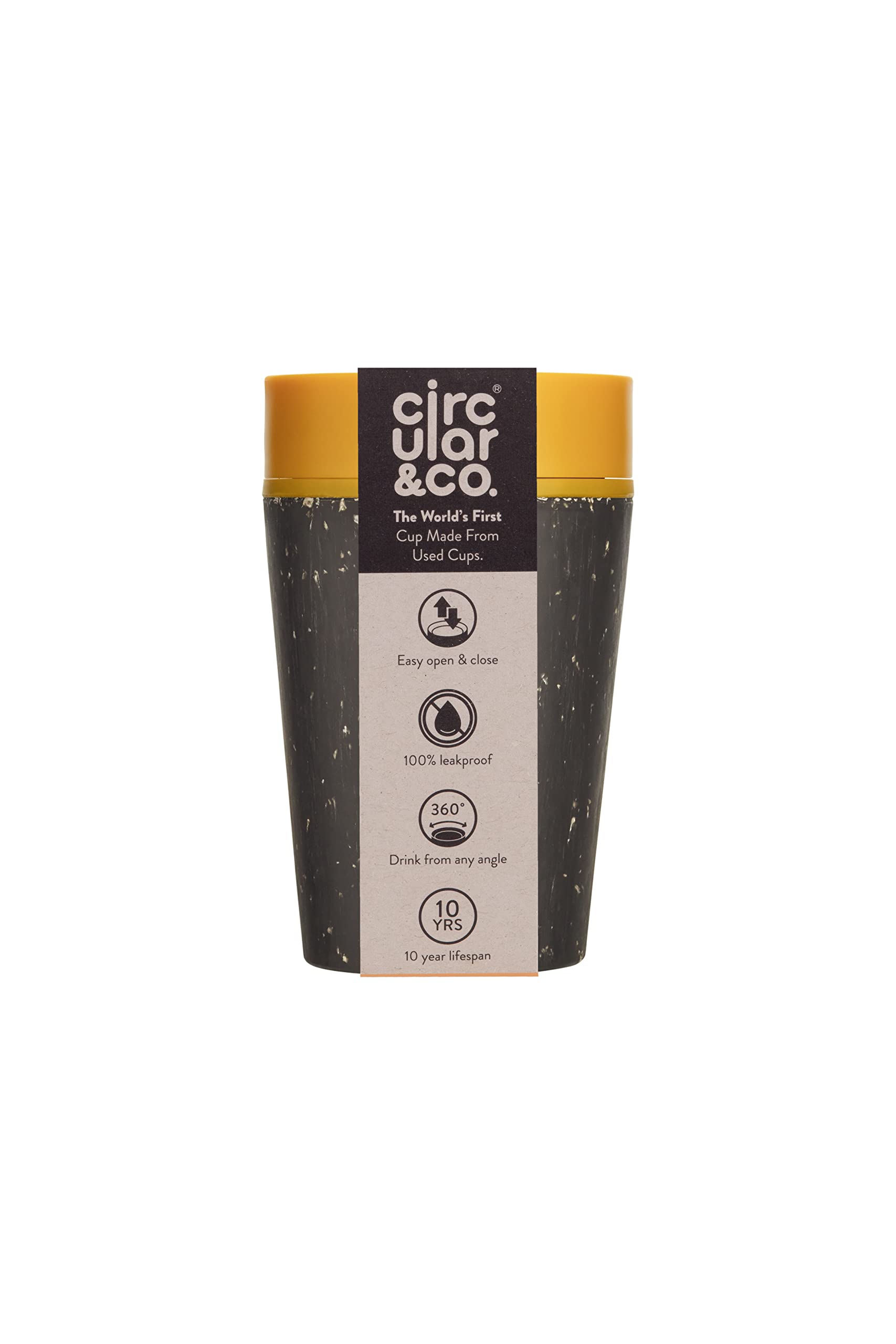 Circular and Co Mark I Model (PRE 2024) Reusable Coffee Cup 8oz/227ml - The World's First Travel Mug Made from Recycled Coffee Cups, 100% Leak-Proof (Black & Electric Mustard)