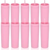 16 oz Pink Skinny Tumblers with Lid and Straw, 10 Pack Bulk Tumblers, Reusable Double Wall Plastic Cups for Iced Coffee, Travel, and Home, Leak-Proof, Insulated Drinkware Gift Set for Women and Girls