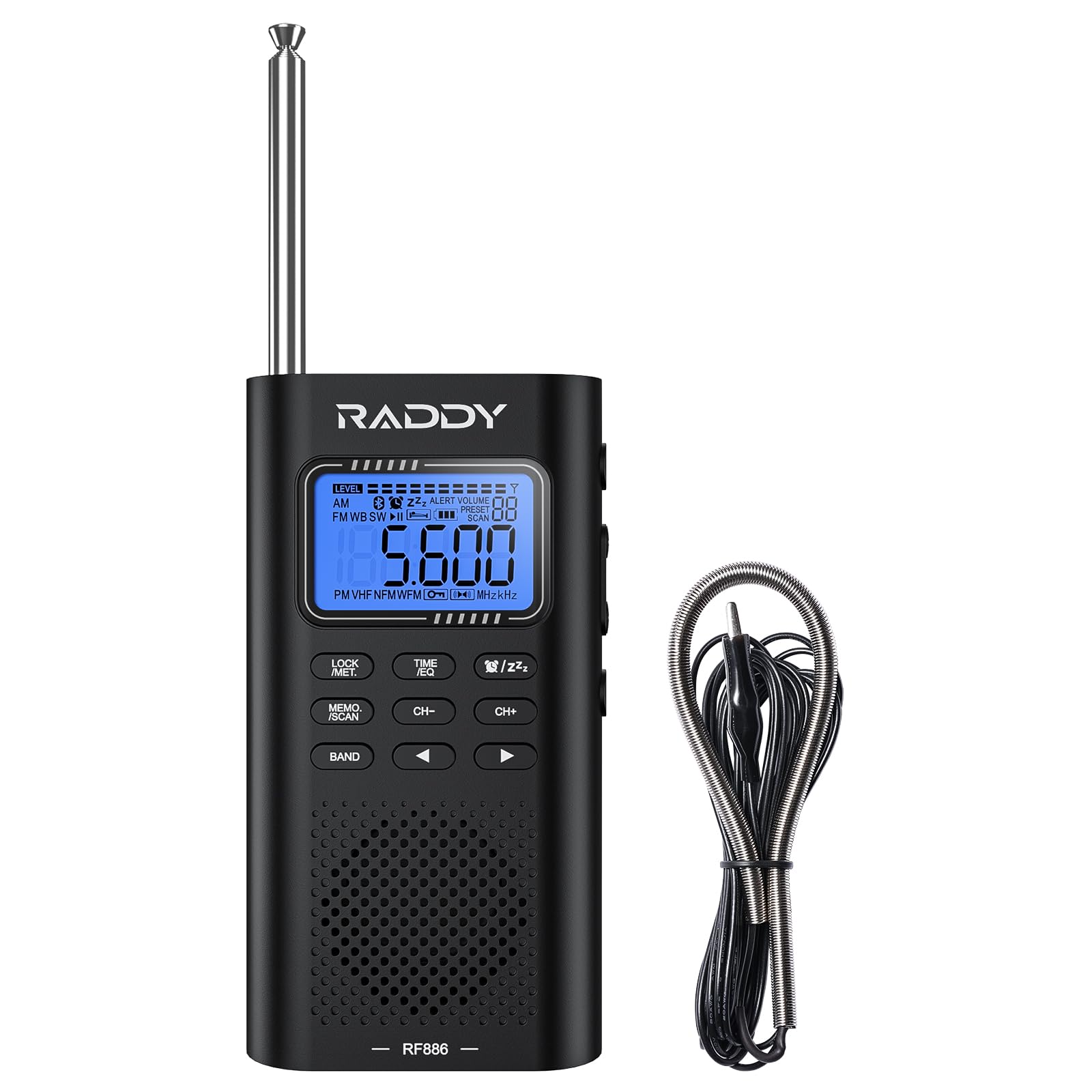 Raddy RF886 Portable AM/FM/SW/VHF/WB Radio Digital Radio BT Connection with Alert, Rechargeable Pocket Radio with 9.85 Ft Wire Antenna