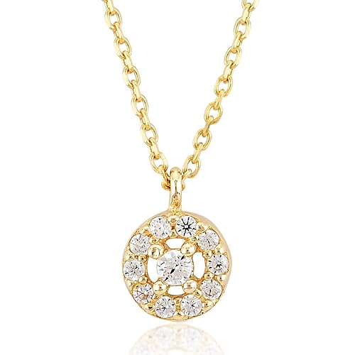Damen Gold Halskette aus 14 Karat - 585 Echt Gelbgold mit Zirkonia Stein Solitär Anhänger, Runder - Geschenk für Valentinstag