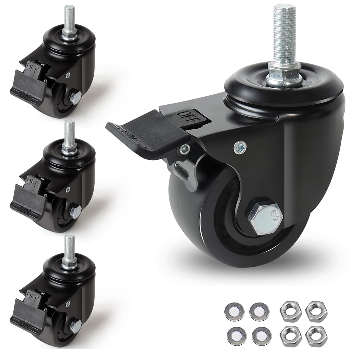Photo 1 of WIEYUNN Caster Wheels Heavy Duty, 3 inch Stem Casters 4400LBS, 1/2"-13 x 1 Threaded Stem Casters with Brake, Low Profile Casters Set of 4, Swivel Wheels for Cart, Furniture