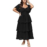 SCOMCHIC Women's Plus Size Formal Wedding Guest Evening Party Dress Short Sleeve Pleated Tiered Chiffon Bridesmaid Dresses